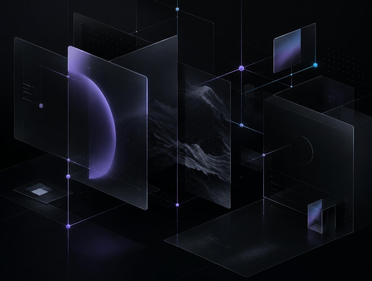 Abstract layered interface panels connected by thin lines, representing digital systems